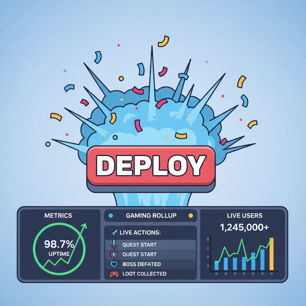 big deploy button exploding confetti, monitoring dashboard metrics gaming rollup live