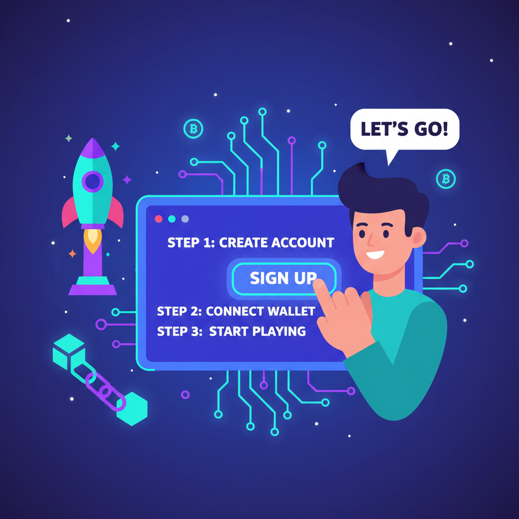 friendly user signing up on neon gaming blockchain dashboard, high-tech UI, rockets launching