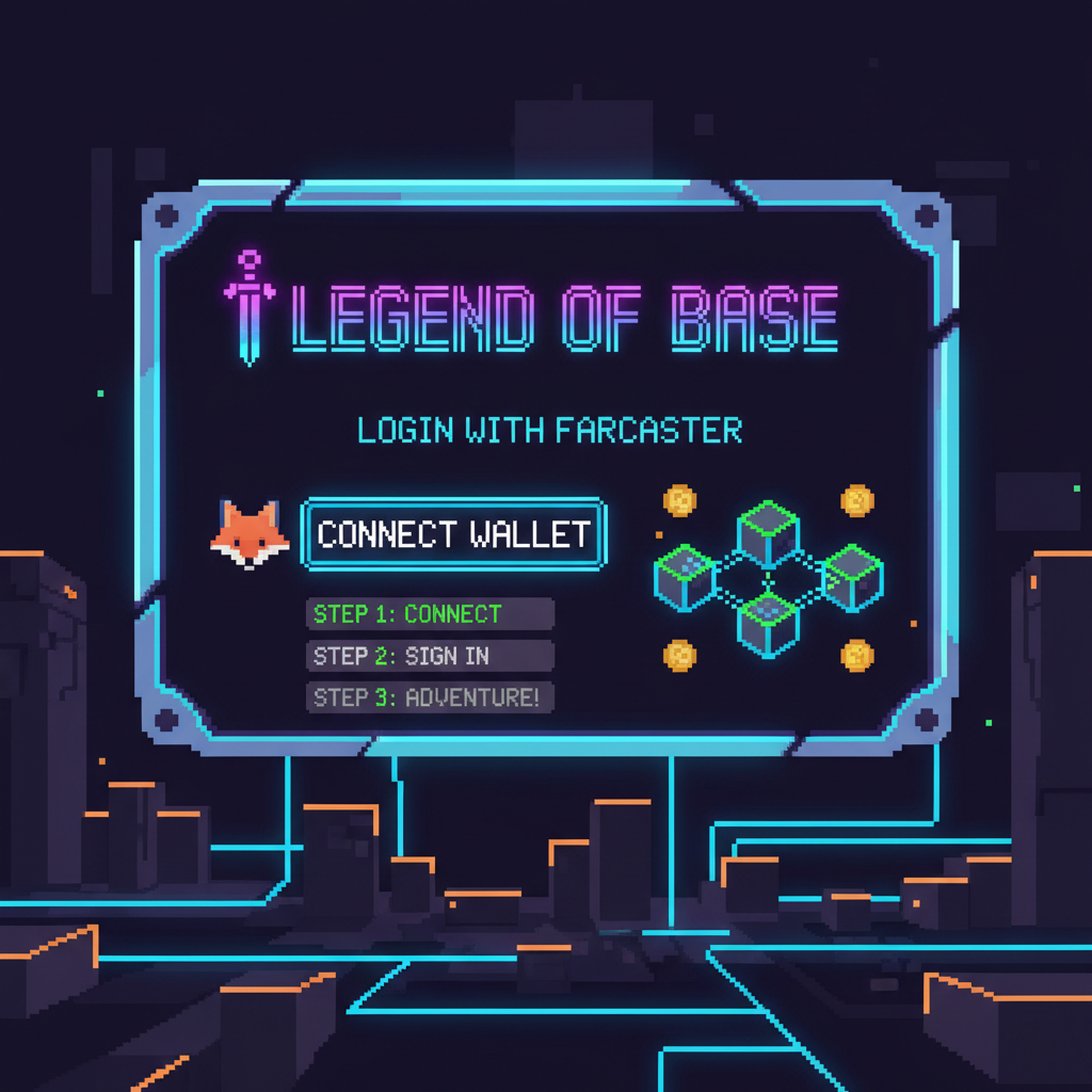 pixel art Farcaster login screen for Legend of Base RPG mini app, neon blockchain theme
