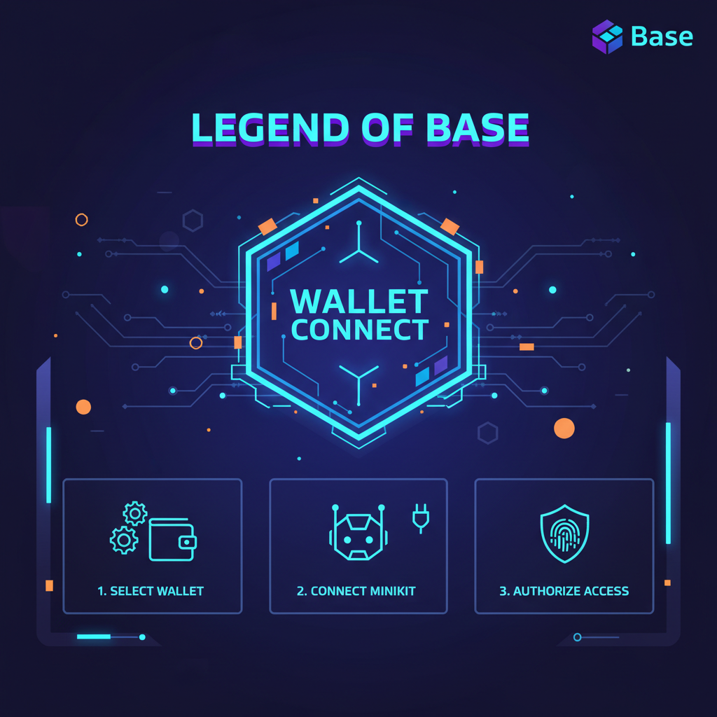 sleek MiniKit wallet connection interface in Legend of Base, cyberpunk UI on Base chain