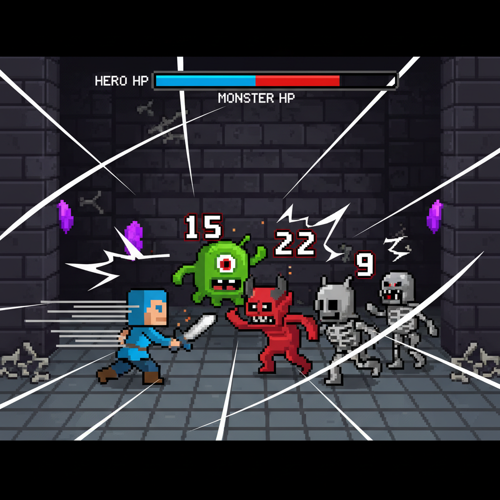 intense pixel battle scene in Legend of Base dungeon, hero vs monsters, action lines