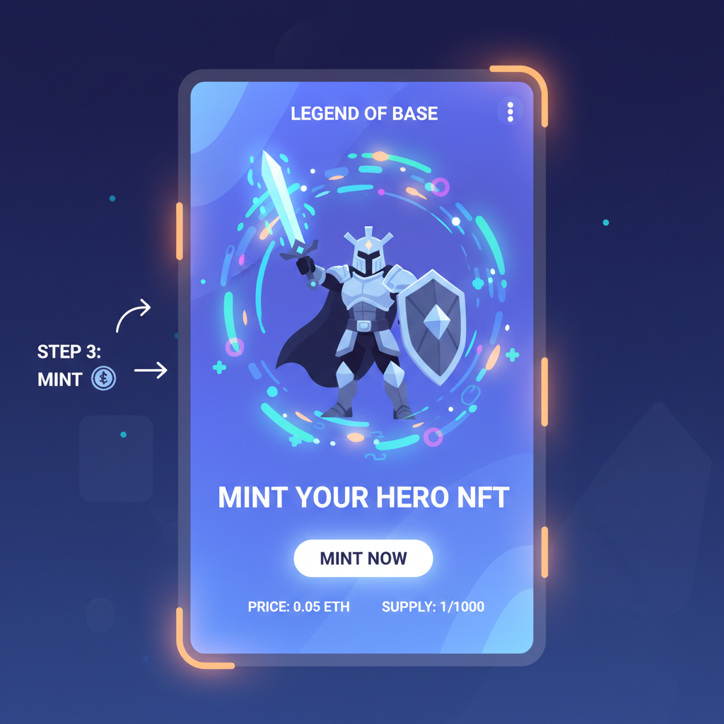 glowing NFT mint screen for Legend of Base hero, blockchain particles, triumphant pose
