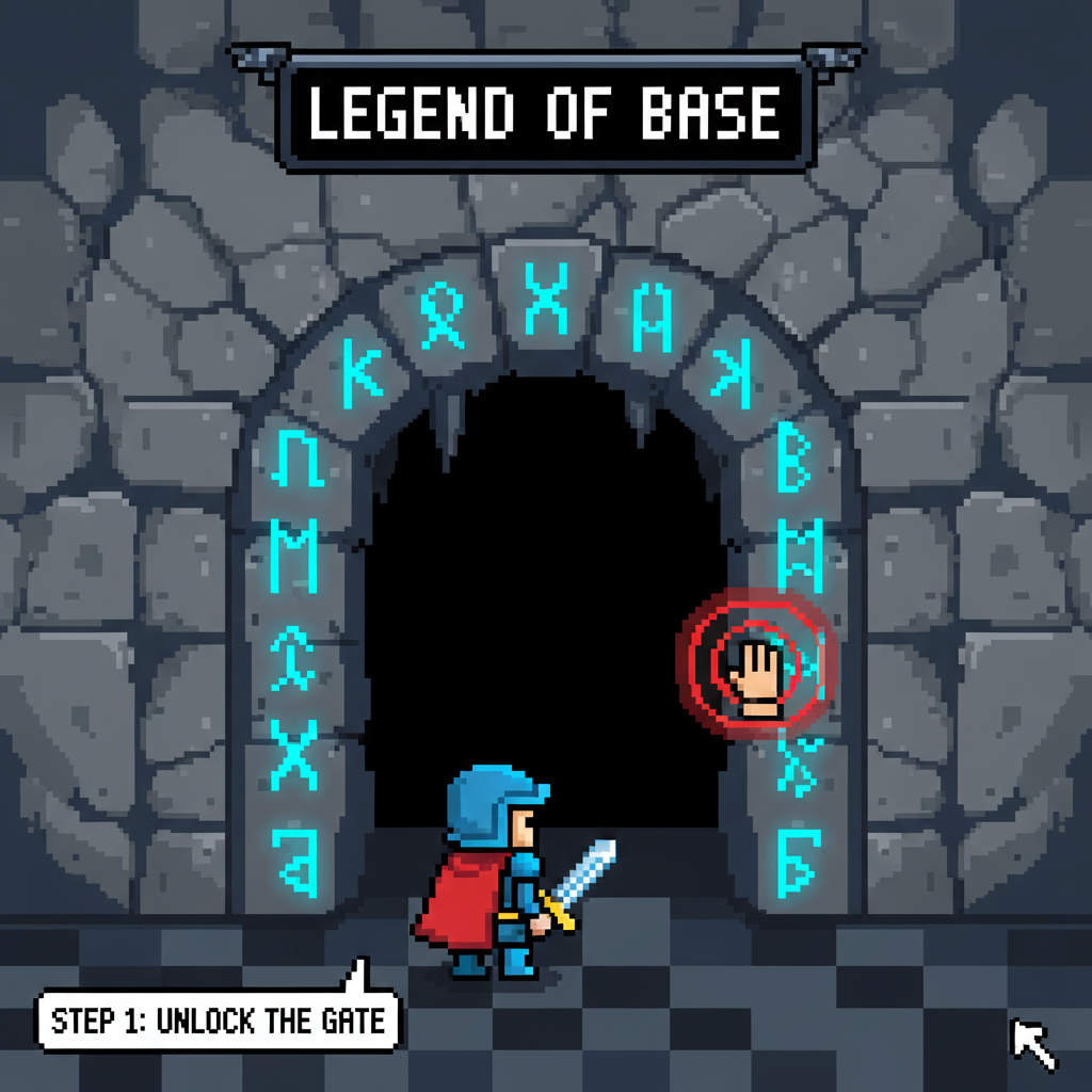 pixelated hero tapping into dark dungeon entrance, Legend of Base roguelike style, glowing runes