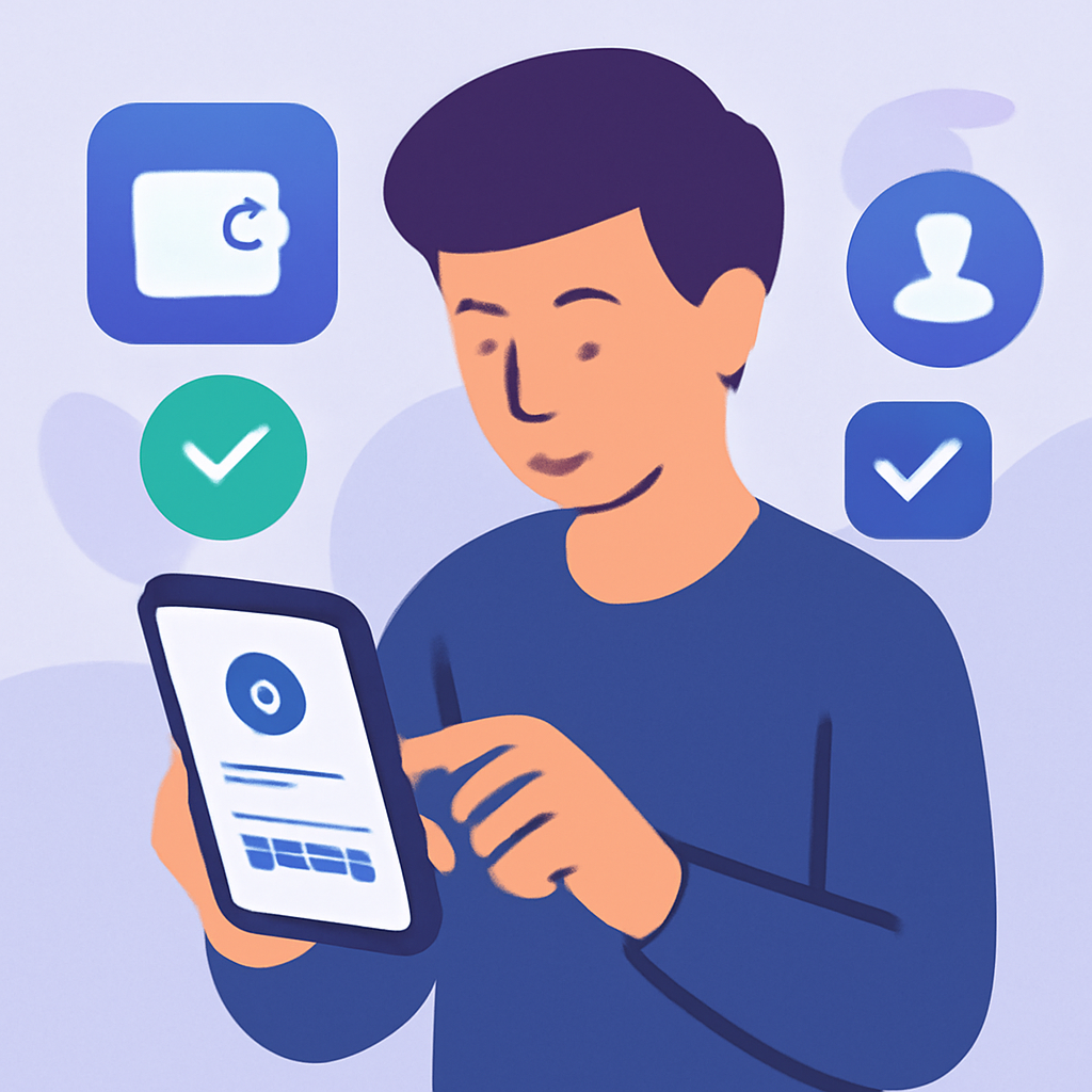 A person using a smartphone to register on a futuristic social app, with crypto wallet icons and verification badges floating around them, digital art