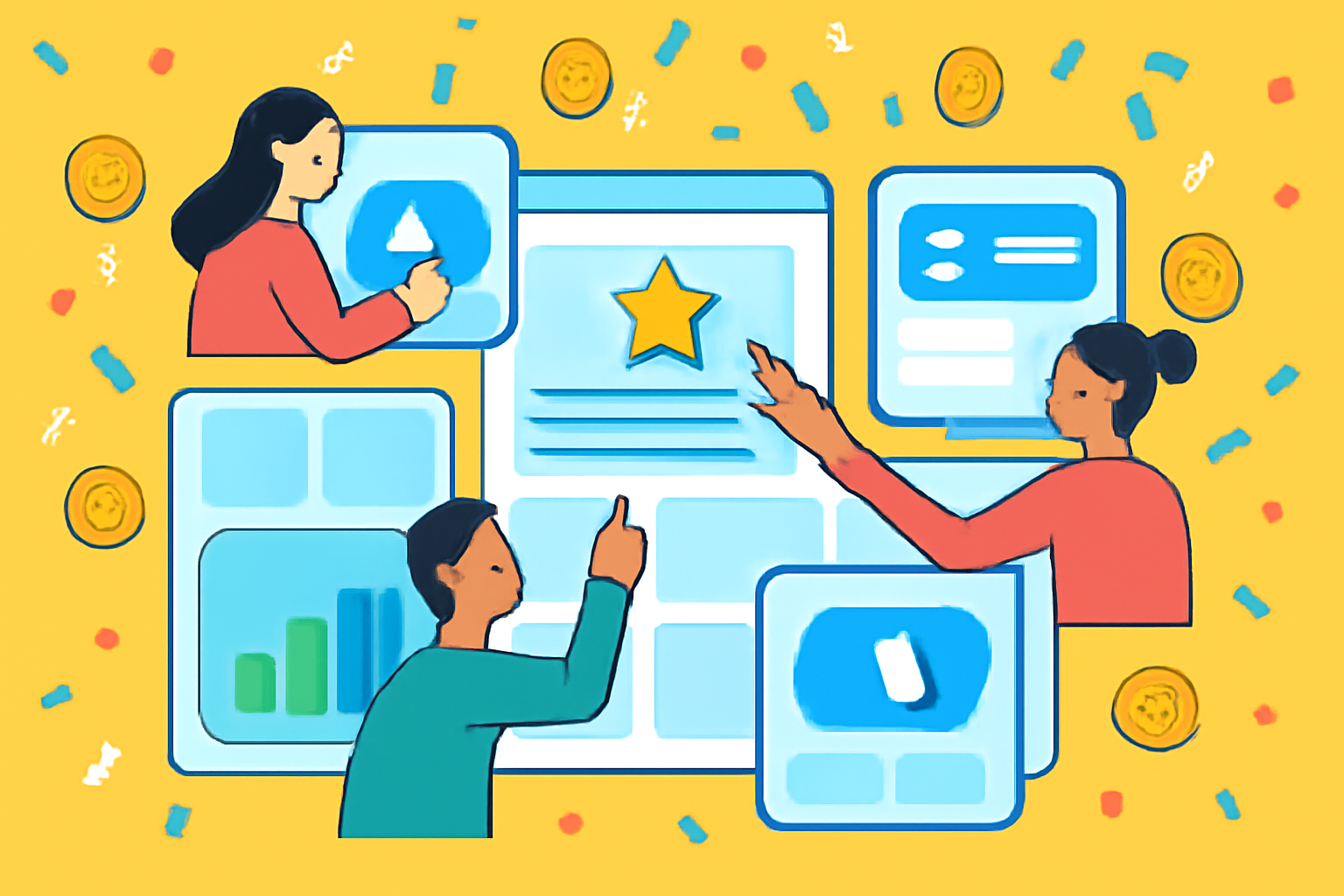 A vibrant dashboard of mini-apps with users tapping and interacting, digital tokens and confetti in the background, modern UI style