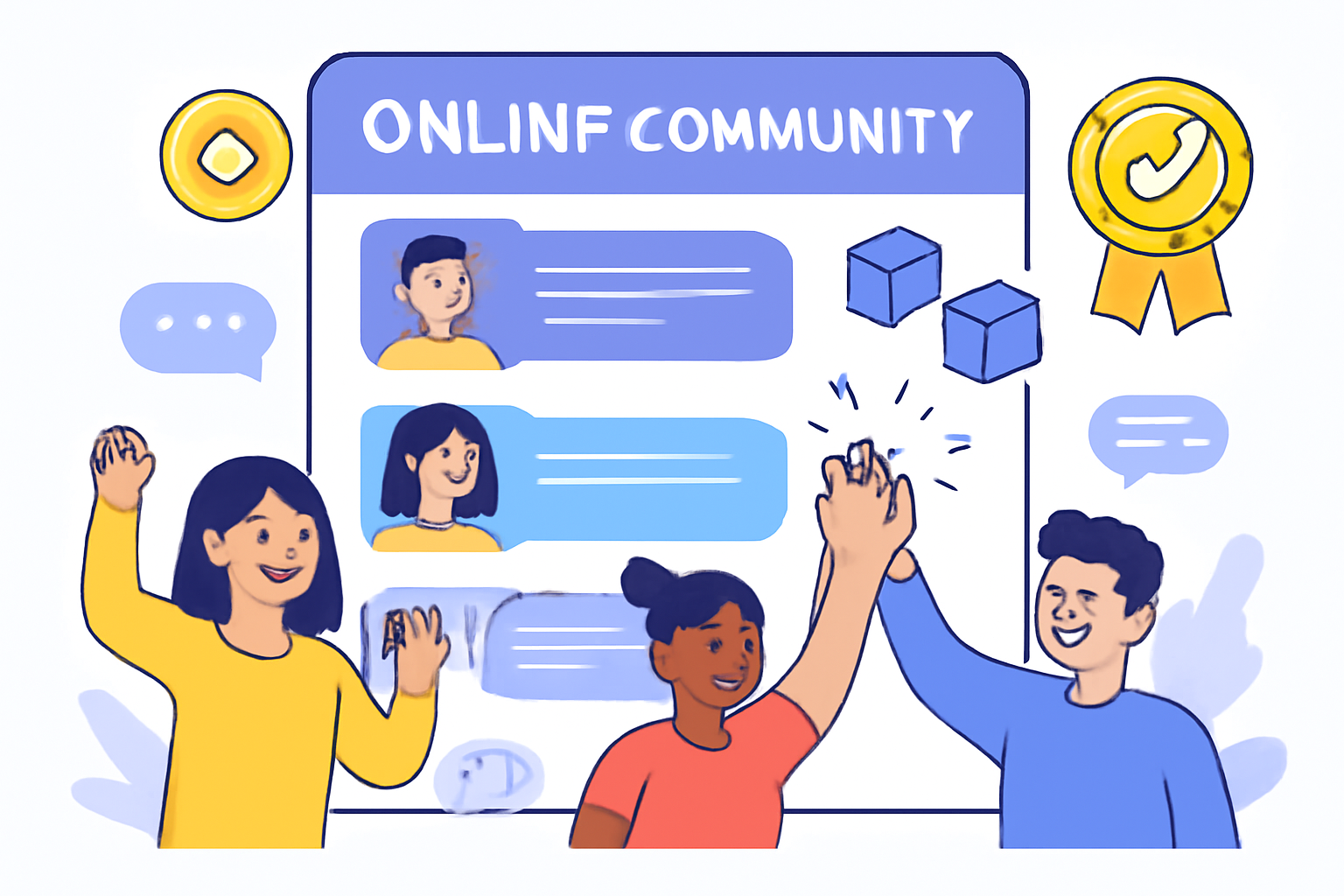 A lively online community chat with avatars, badges, and blockchain symbols, people collaborating and celebrating, colorful digital illustration