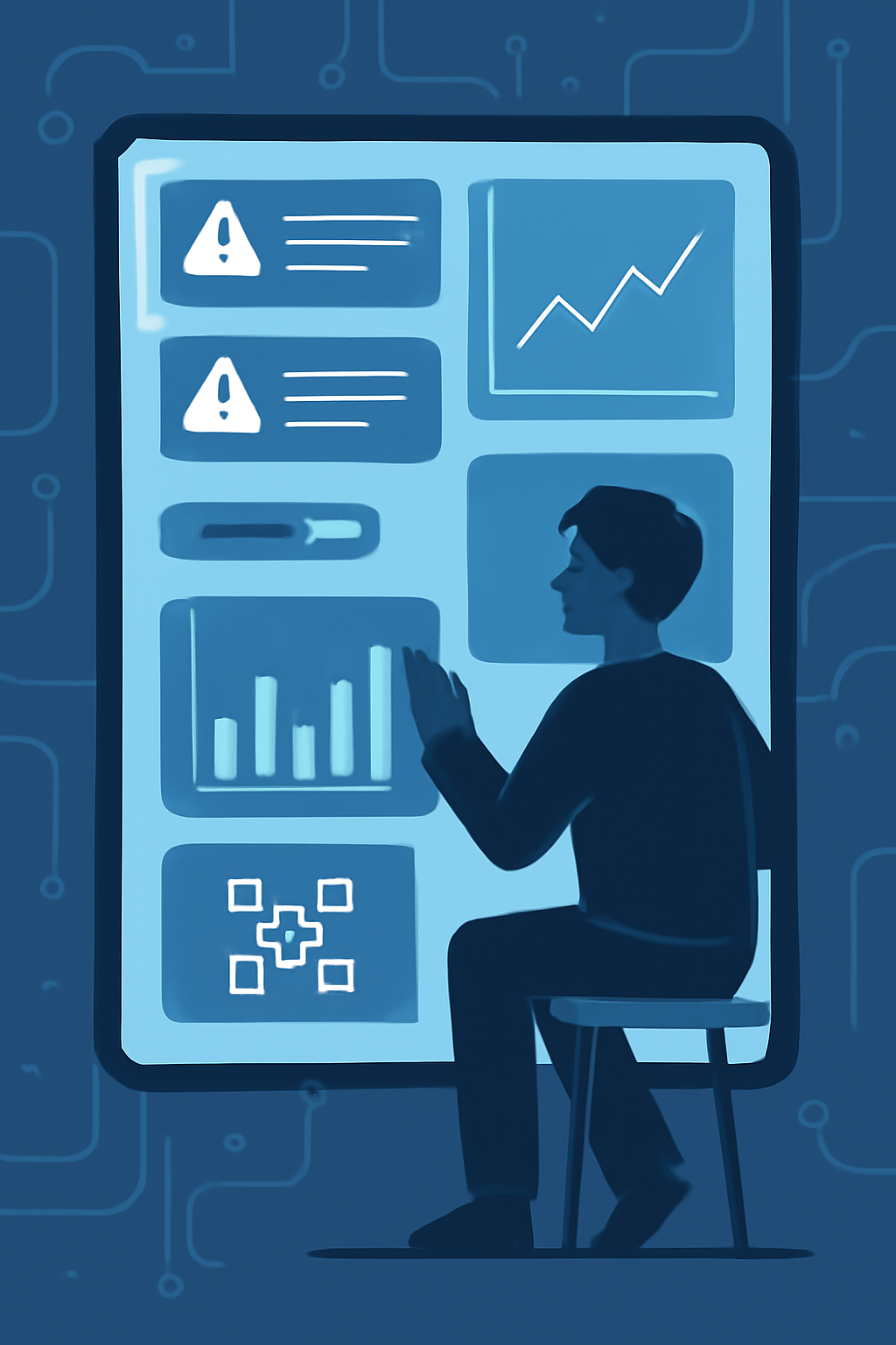 A futuristic dashboard with notification alerts, charts, and blockchain analytics, person monitoring updates on a large screen, techy vibe