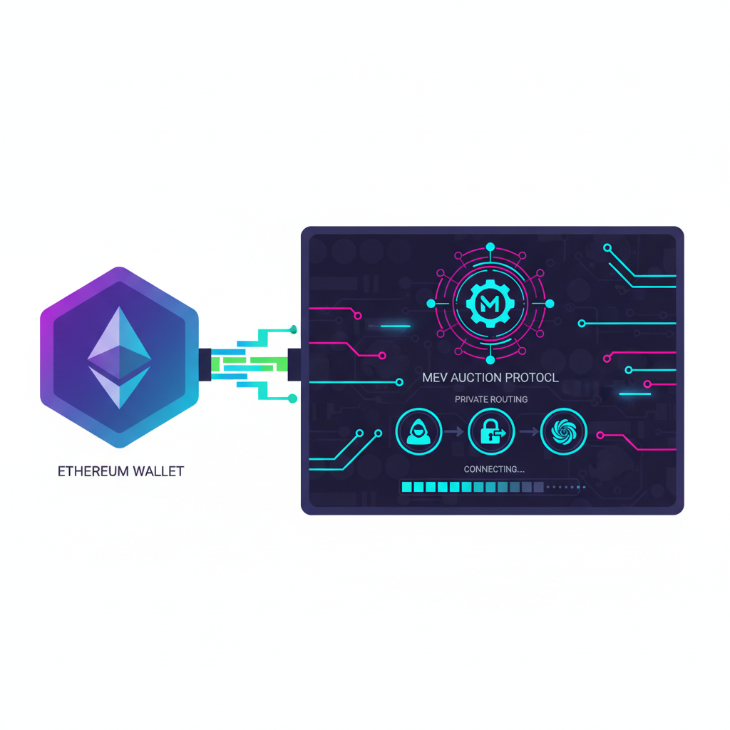 Ethereum wallet connecting to MEV auction dashboard, futuristic UI with private routing icons, cyberpunk style