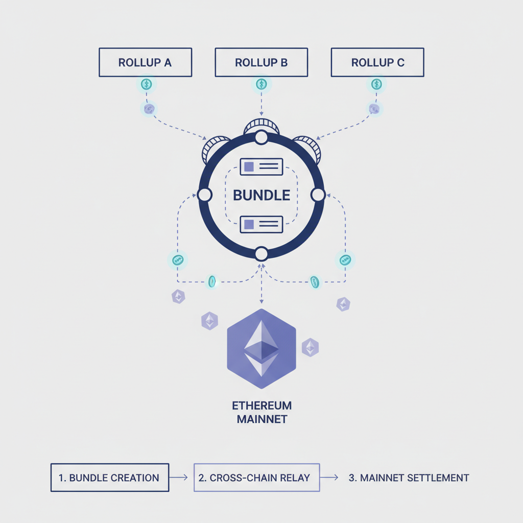 Transaction bundle diagram with bridges connecting rollups, Ethereum icons flowing, technical schematic