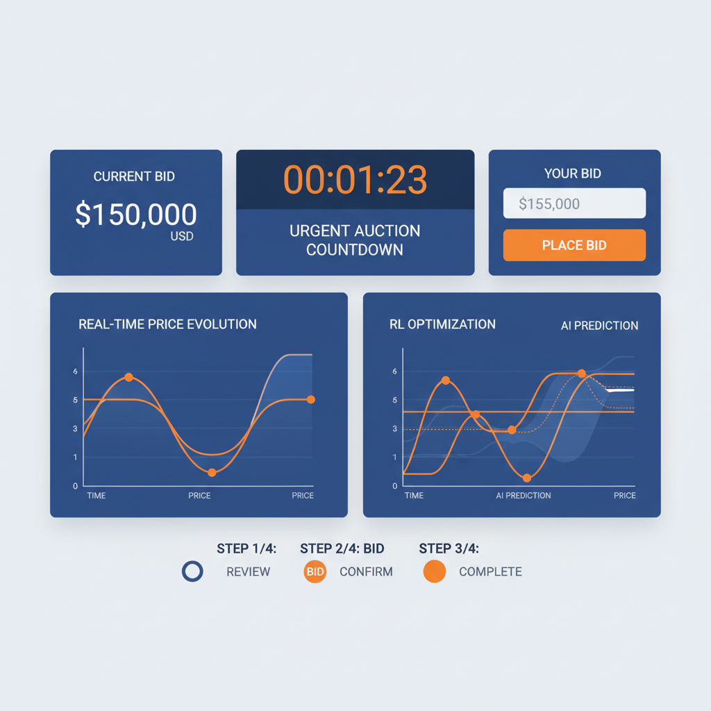 Bidding interface with timers and RL graphs, urgent auction countdown, high-tech