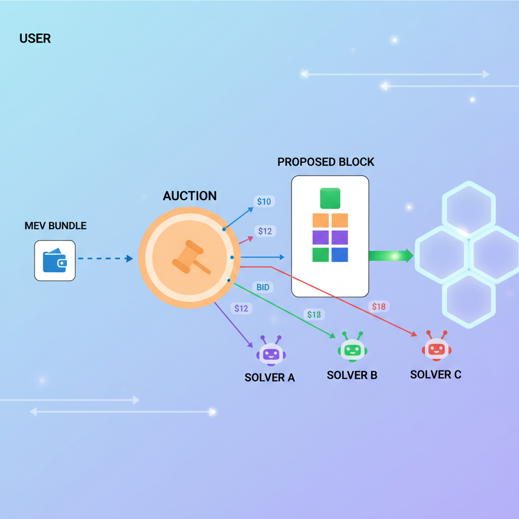 Submitting MEV bundle to auction, solvers competing, blockchain network visualization
