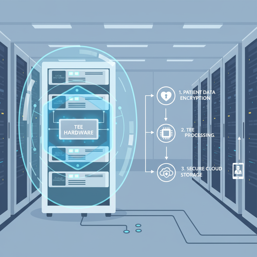 futuristic secure enclave TEE hardware setup in hospital server room, glowing blue shields, high-tech diagram