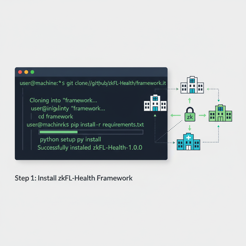 command line terminal installing zkFL-Health framework, code snippets, hospital network icons connecting