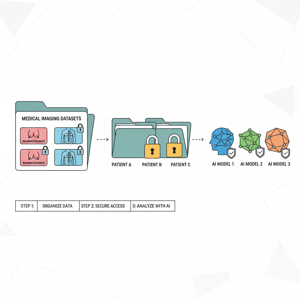 medical imaging datasets mammograms CT scans organized in secure folders, AI model icons, privacy locks