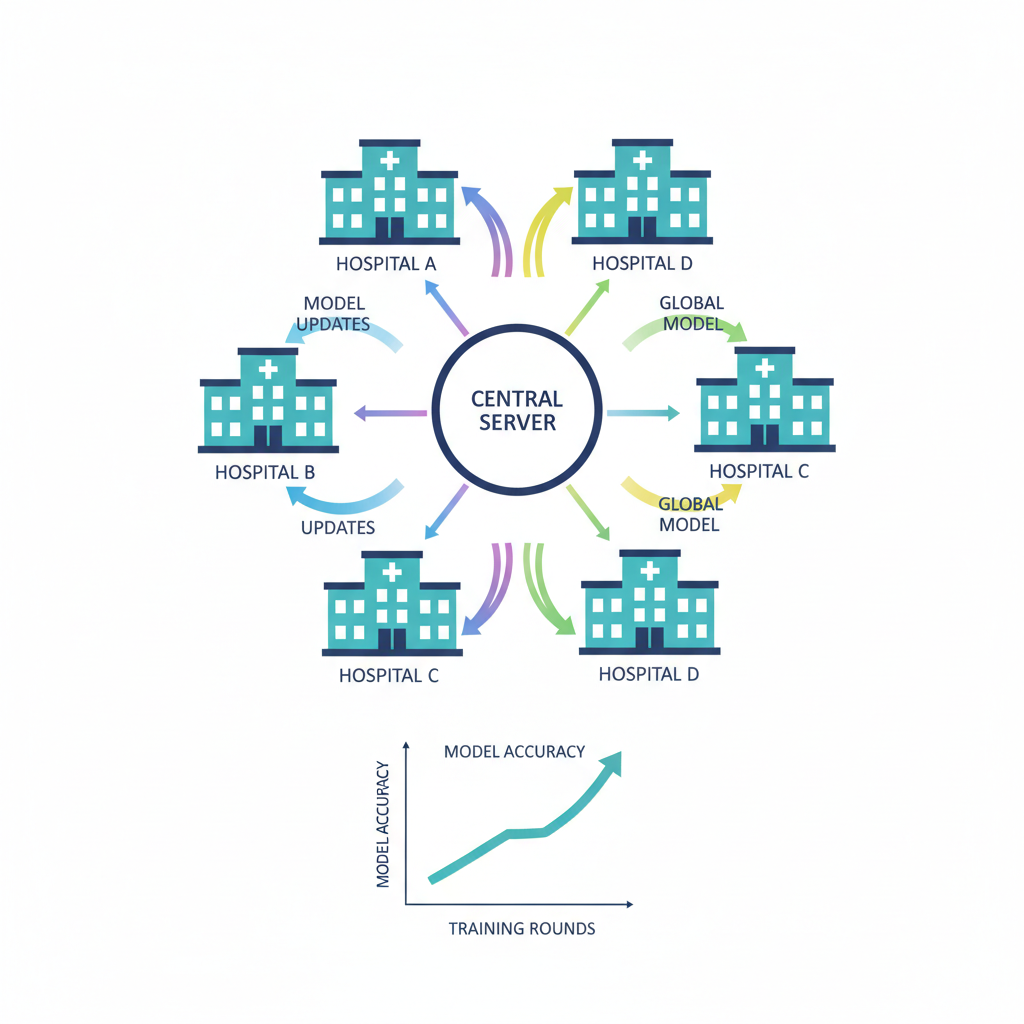 federated learning network diagram hospitals connected arrows gradients flowing, accuracy chart rising sharply