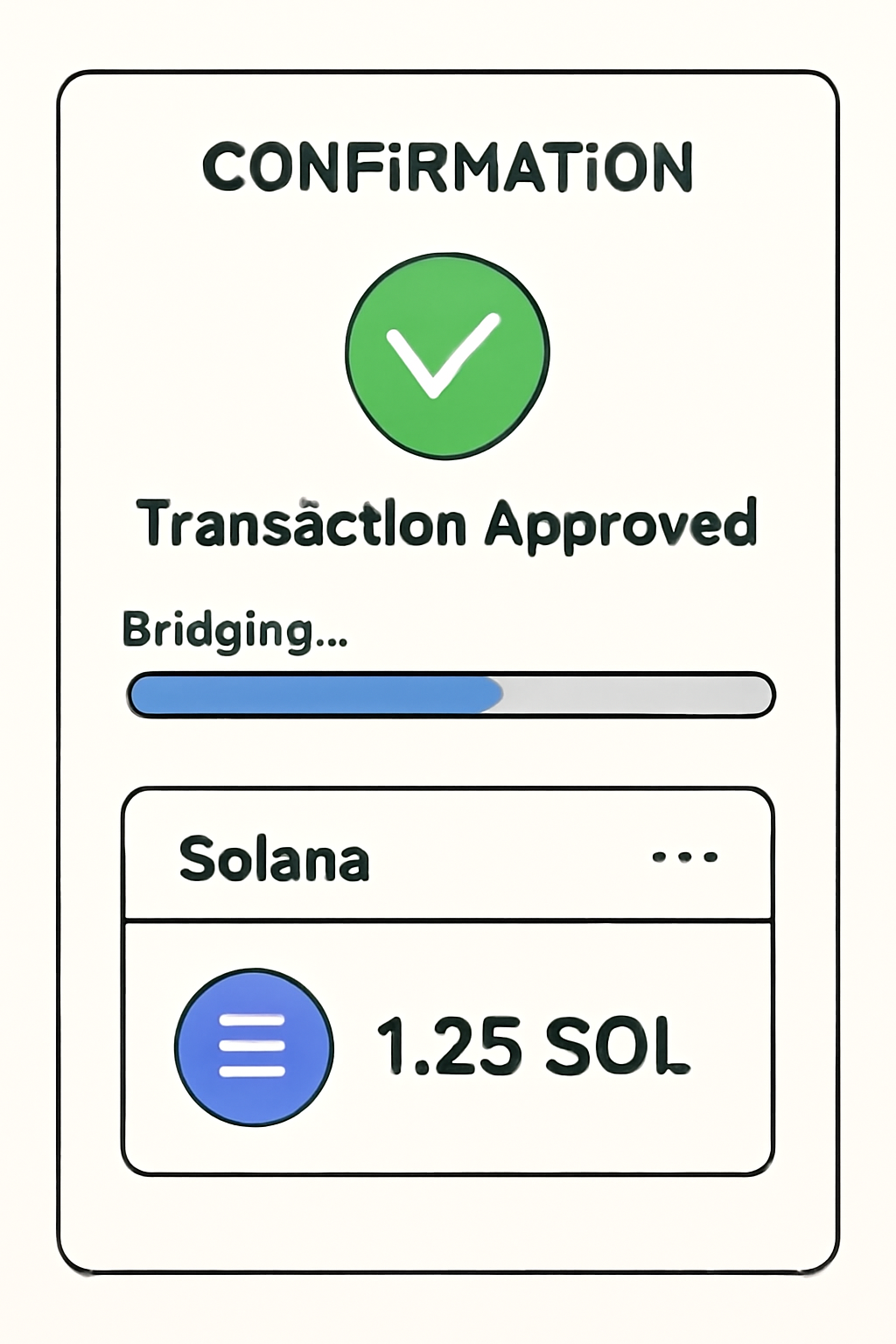 A confirmation screen showing transaction approval, a progress bar for bridging, and a Solana wallet interface displaying the received asset.