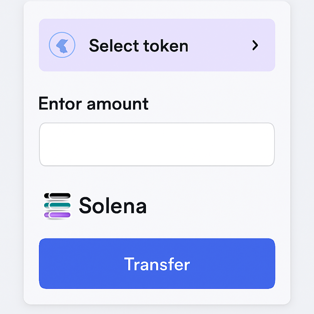 A digital dashboard displaying token selection, amount entry, and Solana as the destination network, with clear action buttons for initiating the transfer.