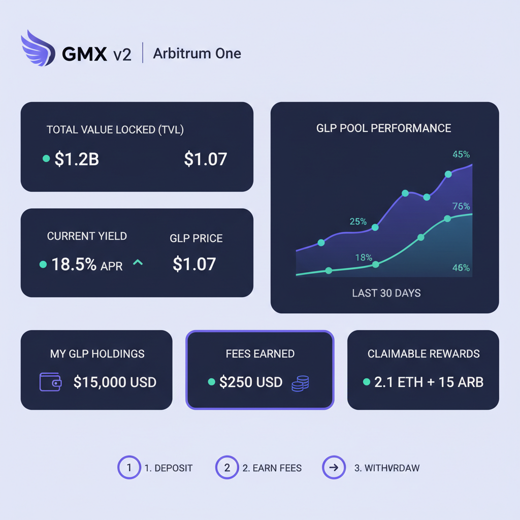 GMX v2 dashboard on Arbitrum, sleek dark UI showing GLP pool stats, charts and yields