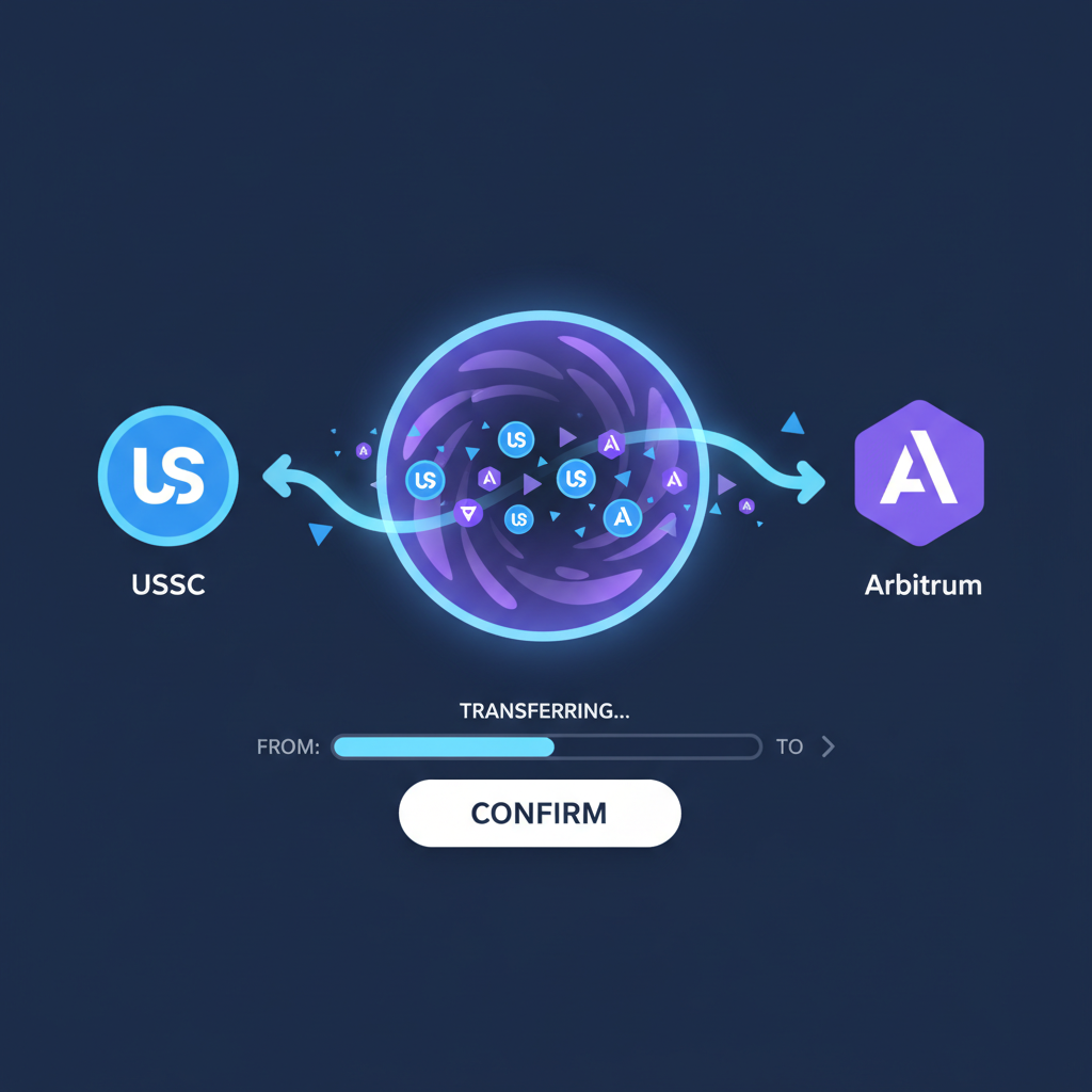 bridge interface transferring USDC to Arbitrum, glowing portal animation, crypto tokens flowing