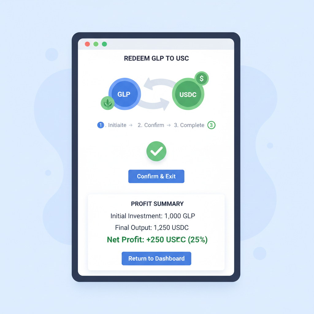 redeeming GLP to USDC on GMX, smooth exit flow, profit summary screen