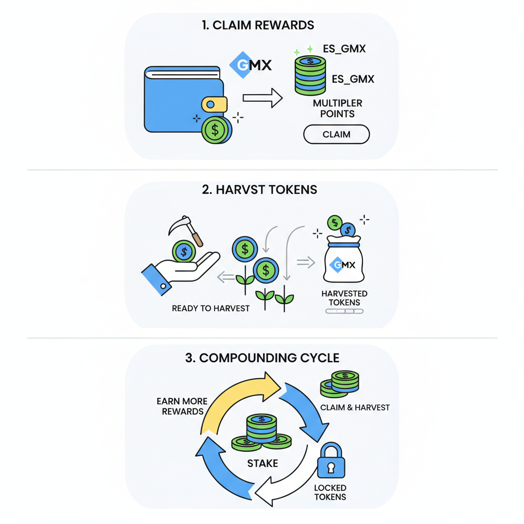 claiming rewards on GMX, tokens harvesting animation, compounding cycle diagram