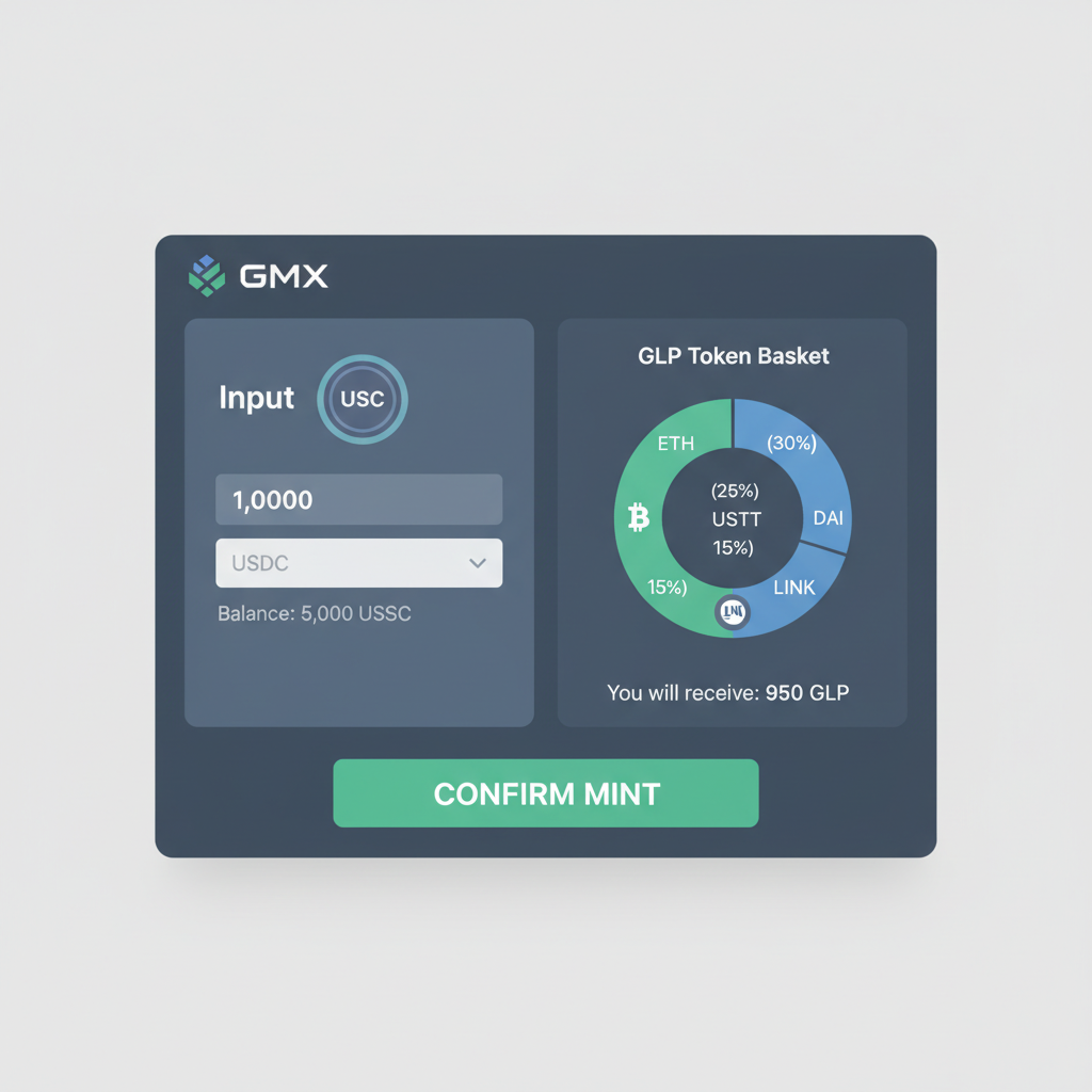 GMX mint GLP screen with USDC input, token basket visualization, green confirmation button