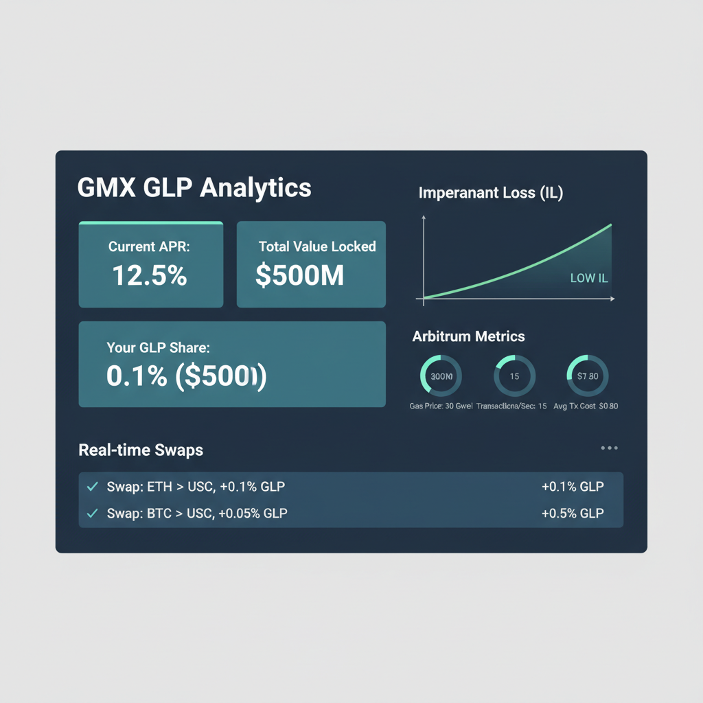 DeFi analytics dashboard monitoring GMX GLP, low IL graph, real-time Arbitrum metrics