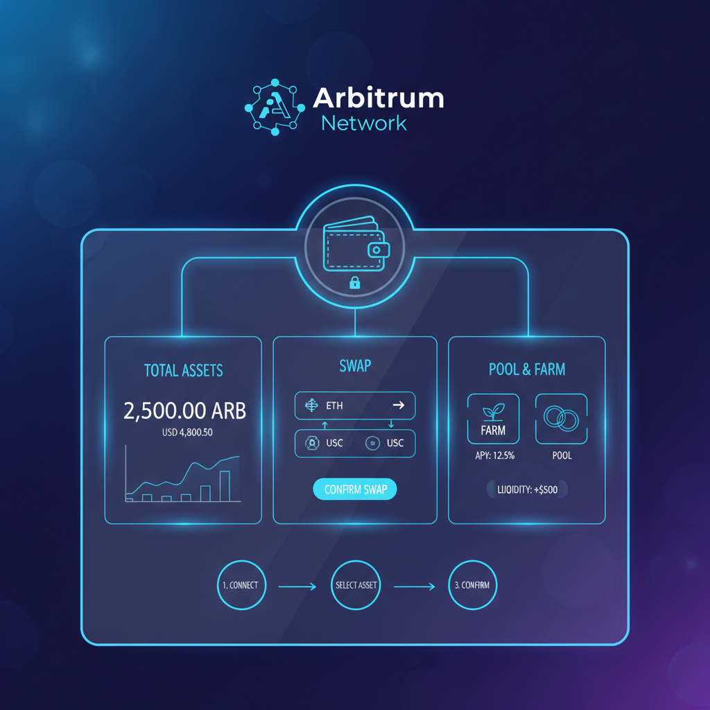 futuristic wallet interface connecting to Arbitrum network, neon blue tones, DeFi dashboard