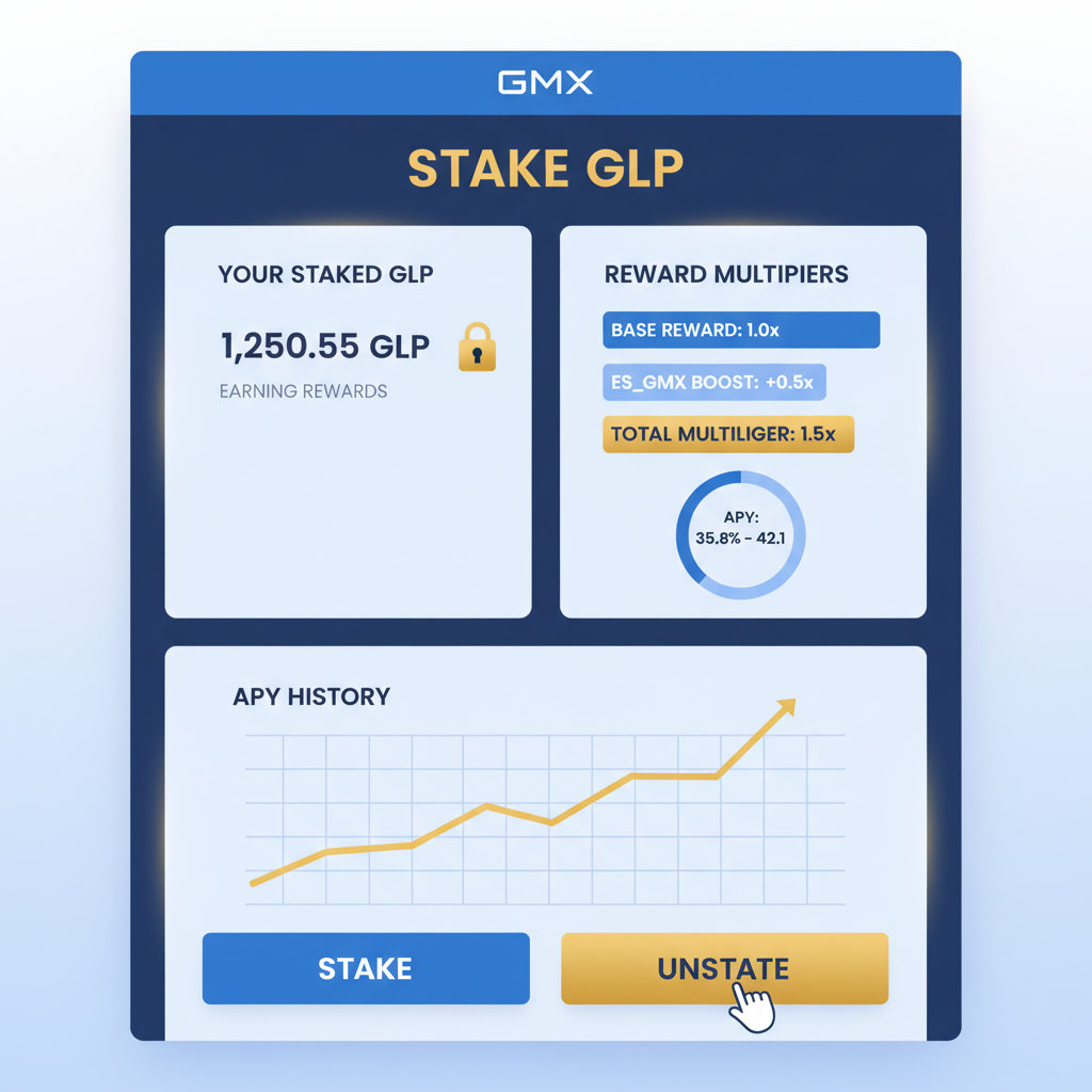 staking GLP interface on GMX, reward multipliers and APY charts, golden lock icon