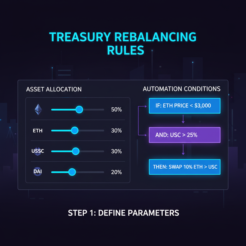 DAO dashboard interface defining treasury rebalancing rules, futuristic UI with sliders and condition boxes, cyberpunk style, clean and modern