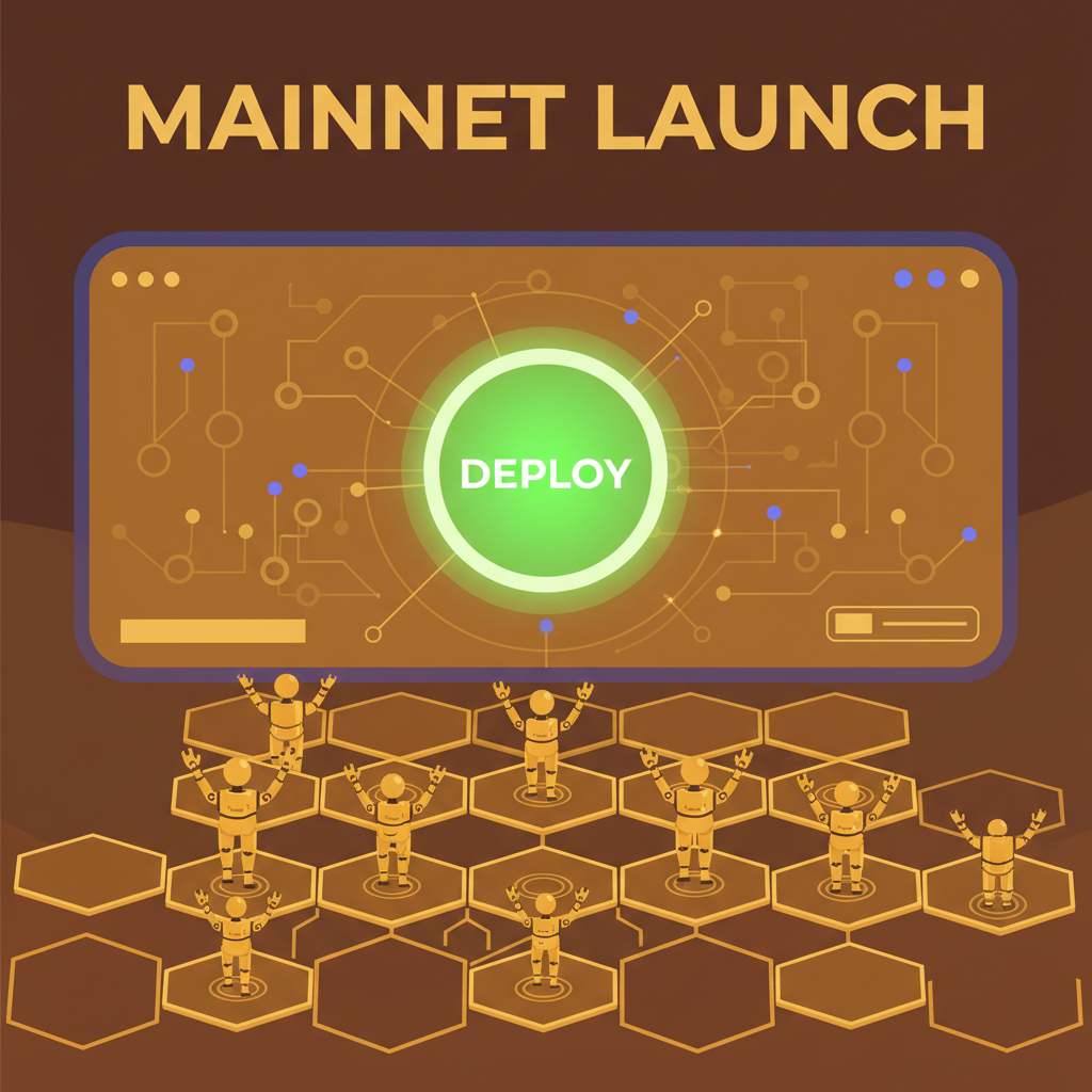 Deploy button glowing green on mainnet dashboard, keepers as robot figures activating on blockchain, epic launch scene, golden hues
