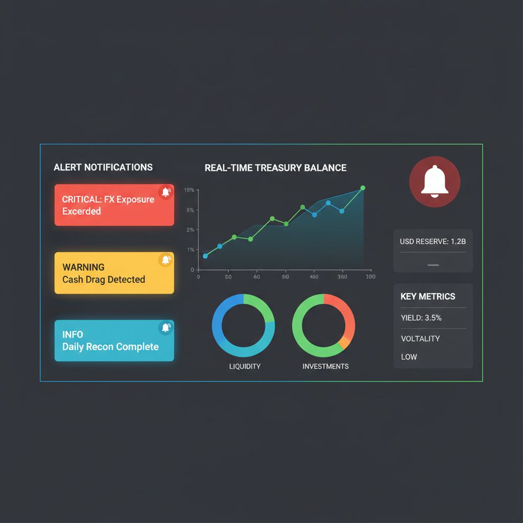 Monitoring dashboard with alert notifications popping up, graphs and real-time treasury stats, alert bells, dark mode professional UI