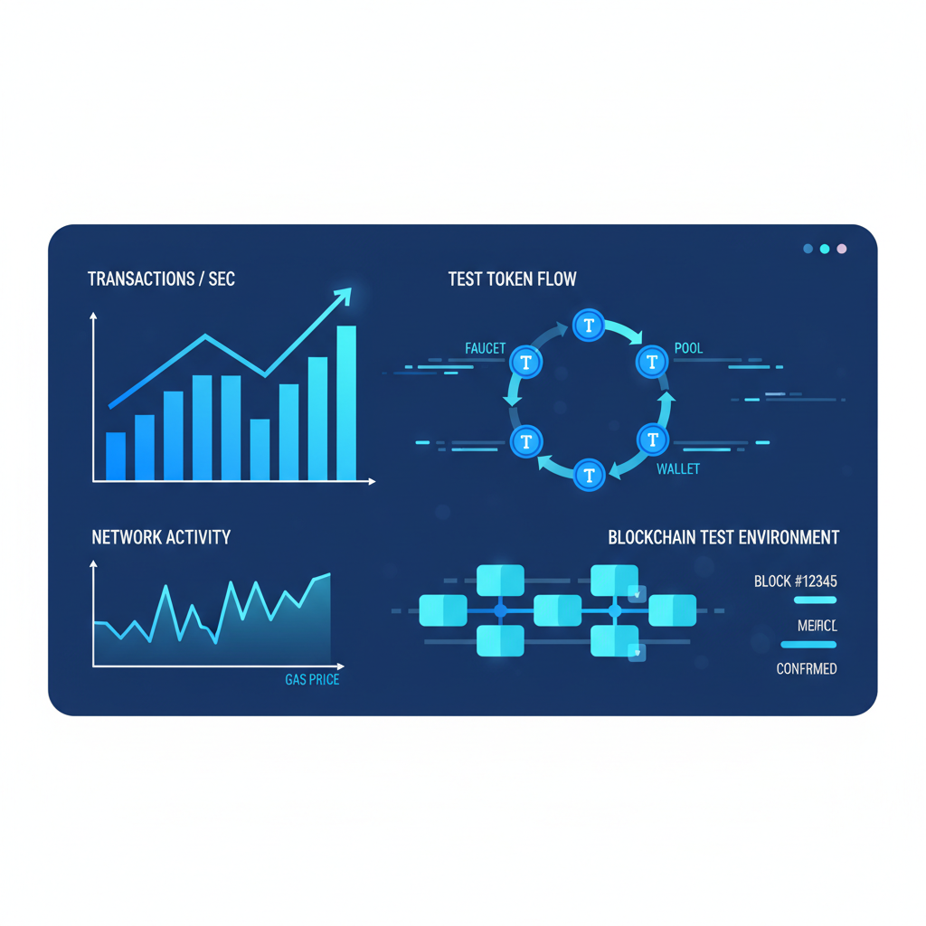 Testnet simulation dashboard with graphs spiking, test tokens flowing, blockchain test environment, vibrant blue tones, animated feel