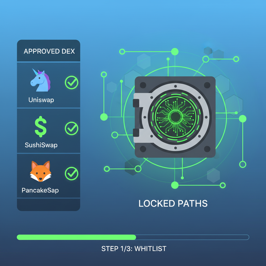 Whitelist interface showing approved DEX icons and green checkmarks, secure vault with locked paths, neon green highlights on blockchain network