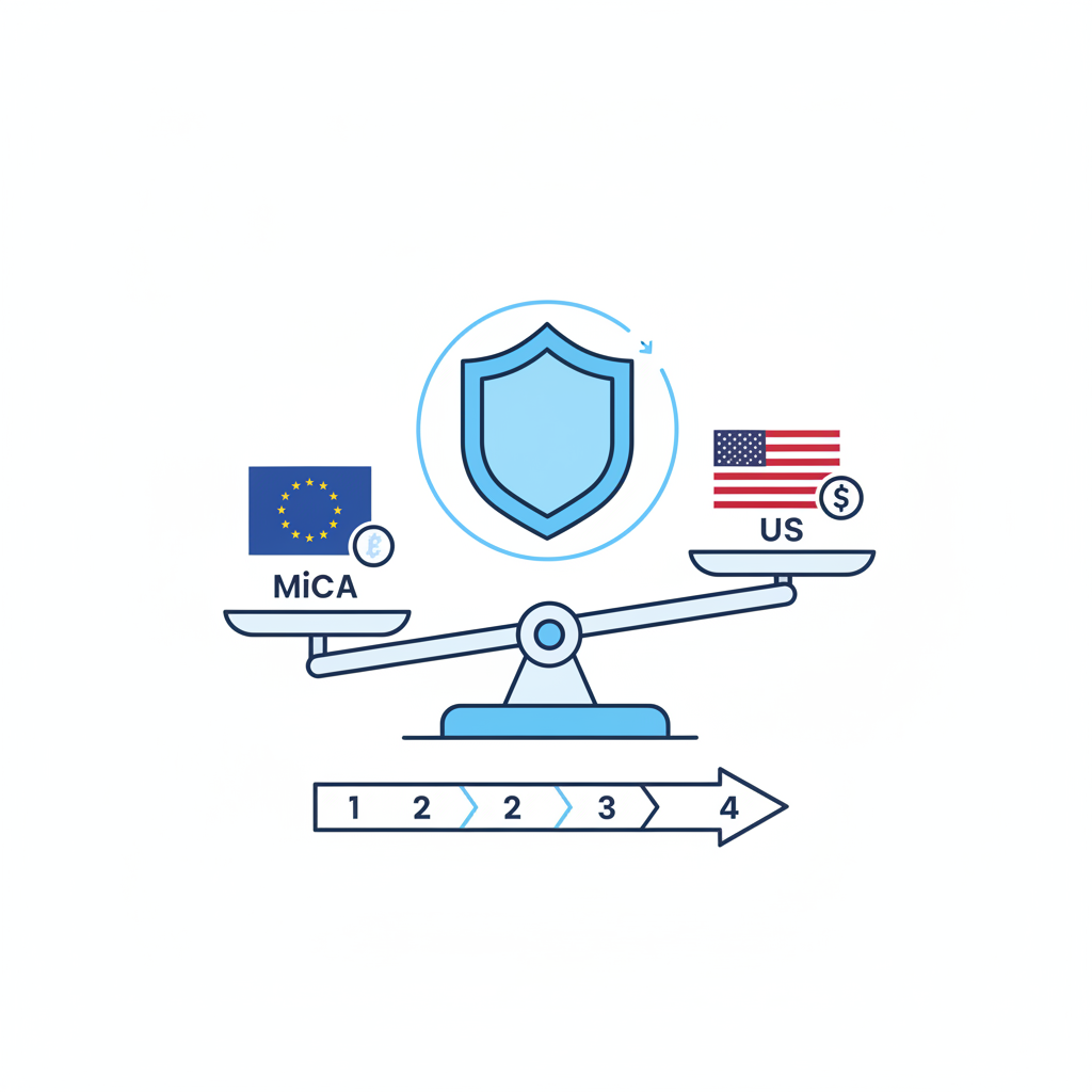 privacy shield balancing with compliance scales, MiCA and US flag icons
