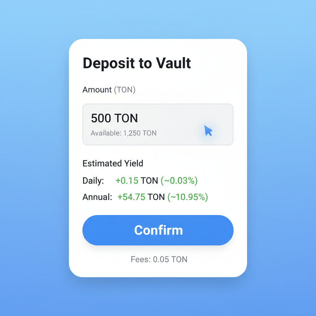 Deposit interface in TON Wallet vault, amount input field, confirm button, yield projection shown