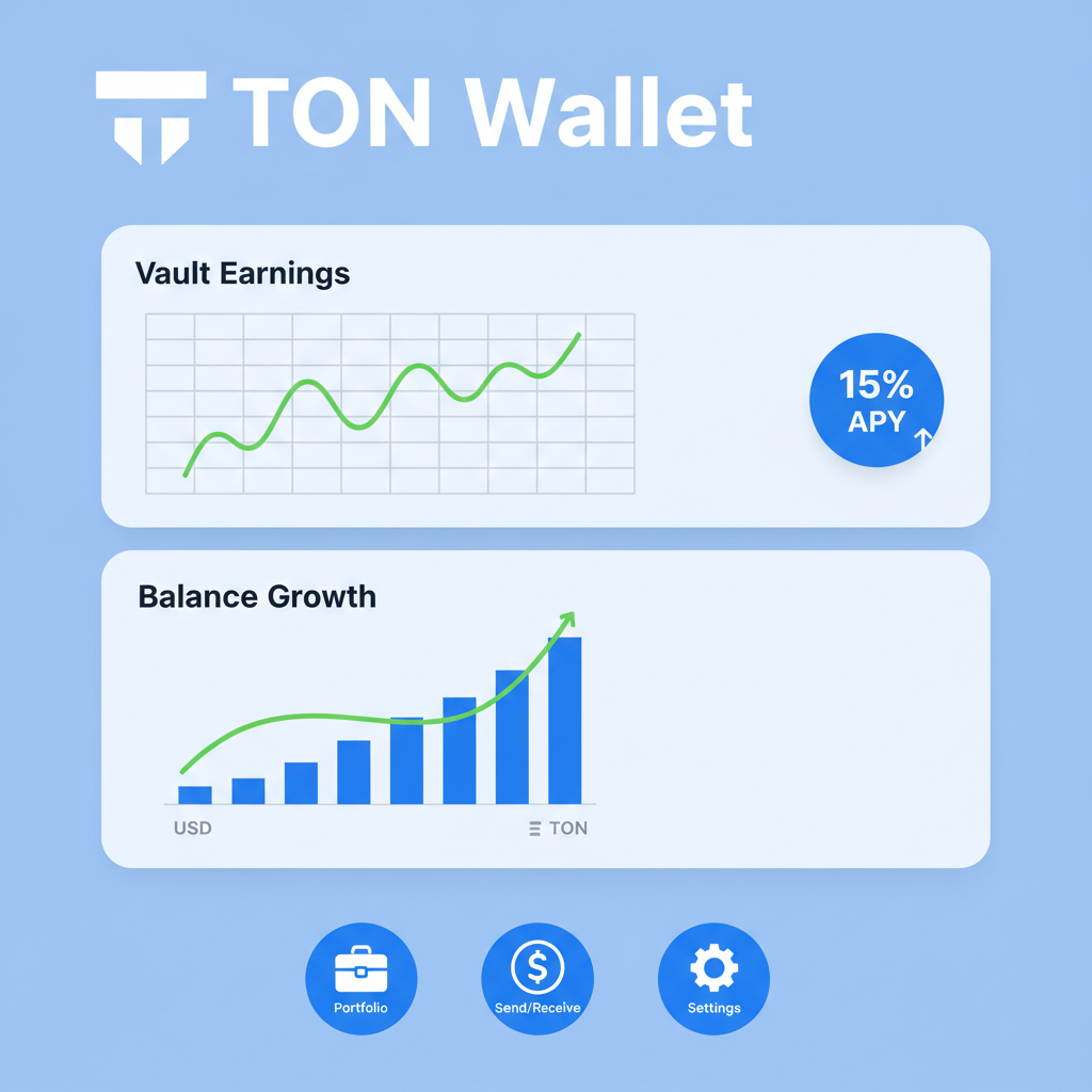 TON Wallet dashboard showing vault earnings graph, APY percentage, balance growth chart