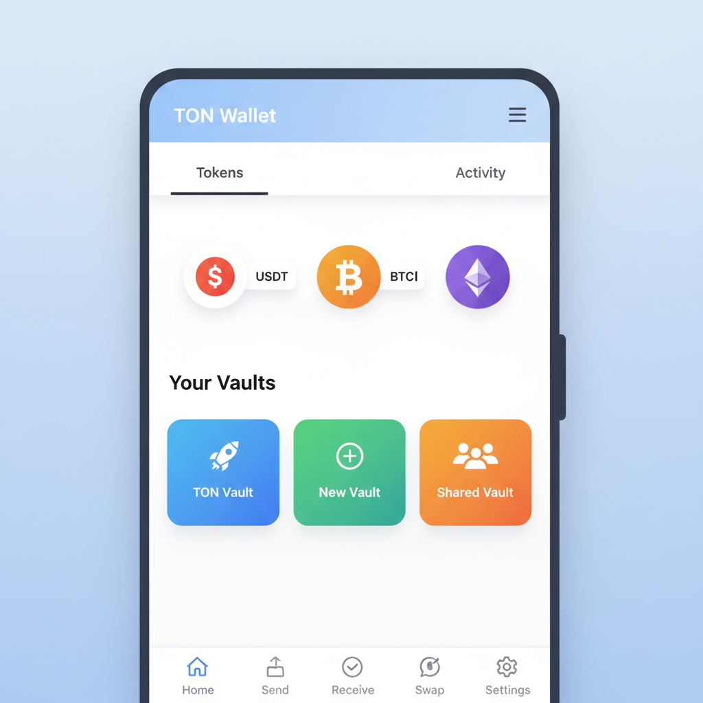 TON Wallet app screen with Vaults tab selected, icons for USDT BTC ETH vaults visible