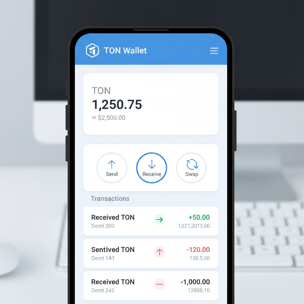 Smartphone screen displaying Telegram app with TON Wallet open, clean modern UI, crypto wallet dashboard