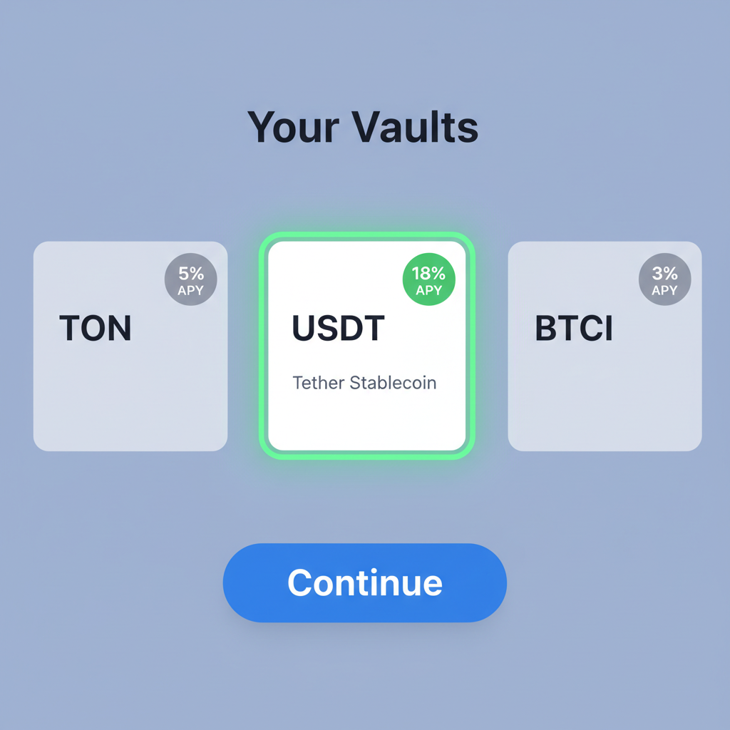 Close-up of TON Wallet vaults selection screen, USDT vault highlighted with 18% APY badge