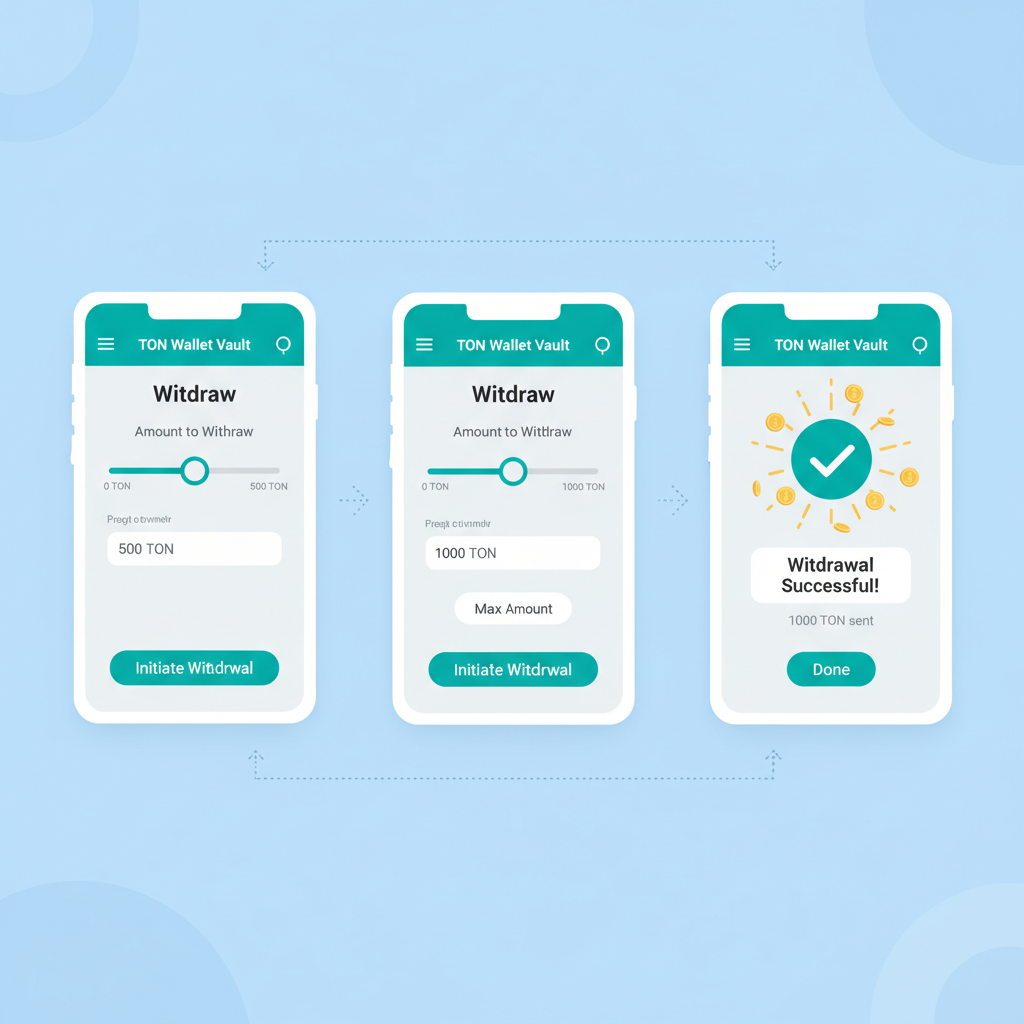 Withdraw screen in TON Wallet vault, slider for amount, success confirmation popup