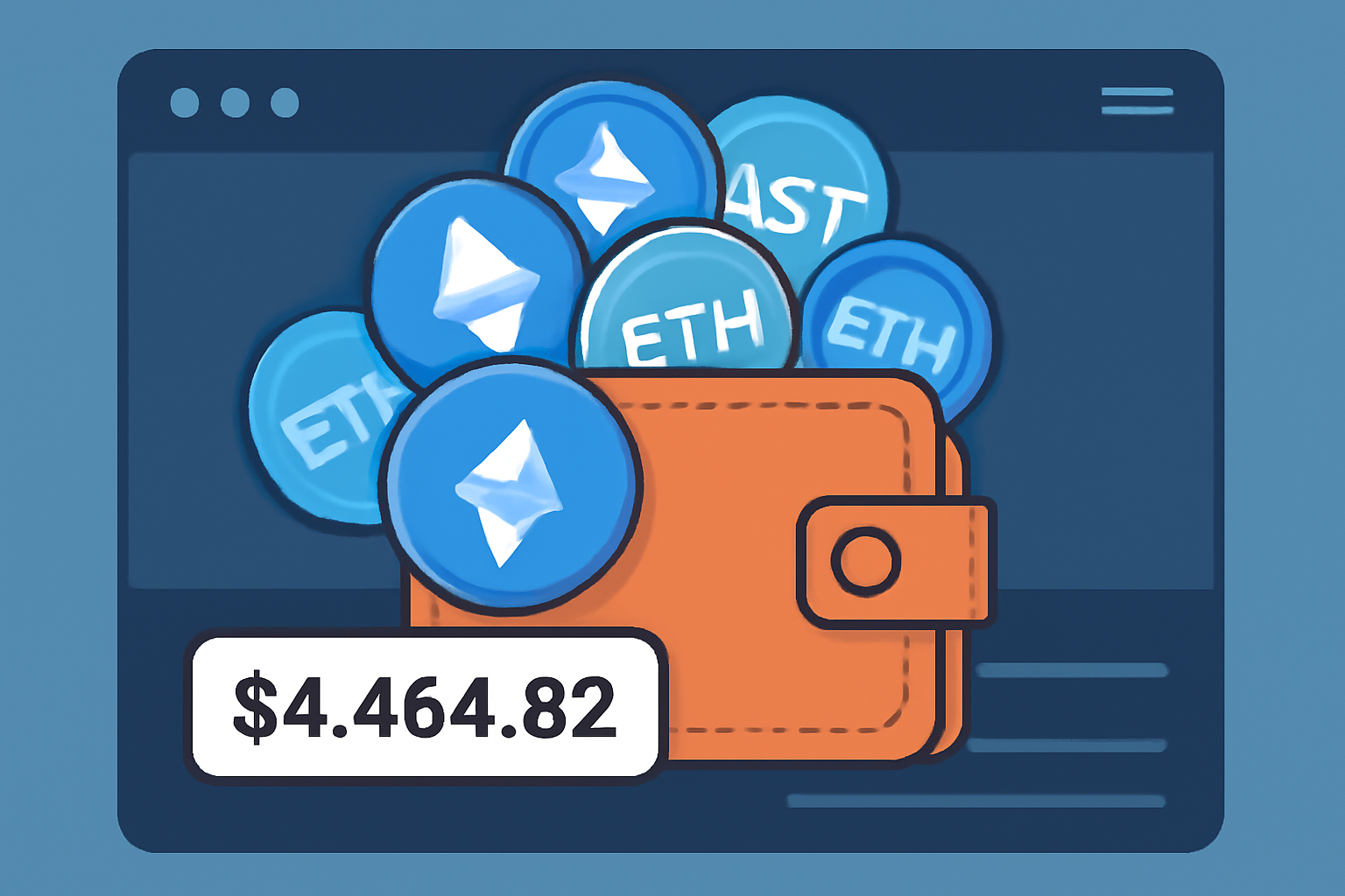 A dynamic digital wallet overflowing with ETH and LST tokens, with a price tag showing $4,464.82, on a sleek exchange interface.