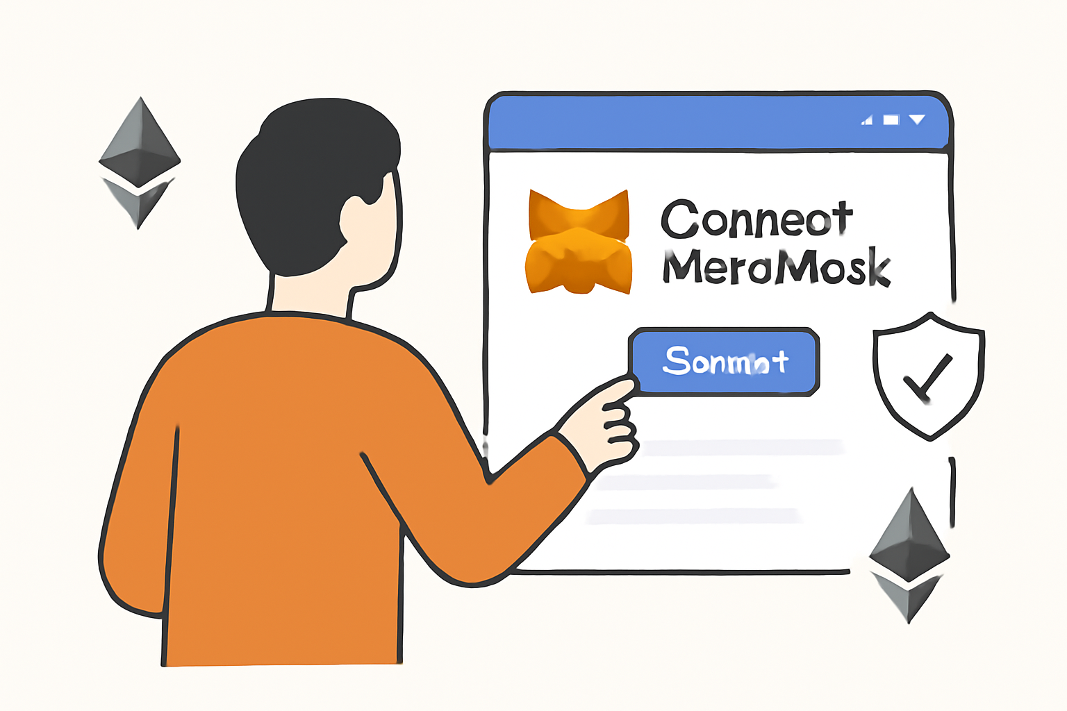A user connecting MetaMask to a modern dApp interface, with Ethereum logos and a security shield icon.