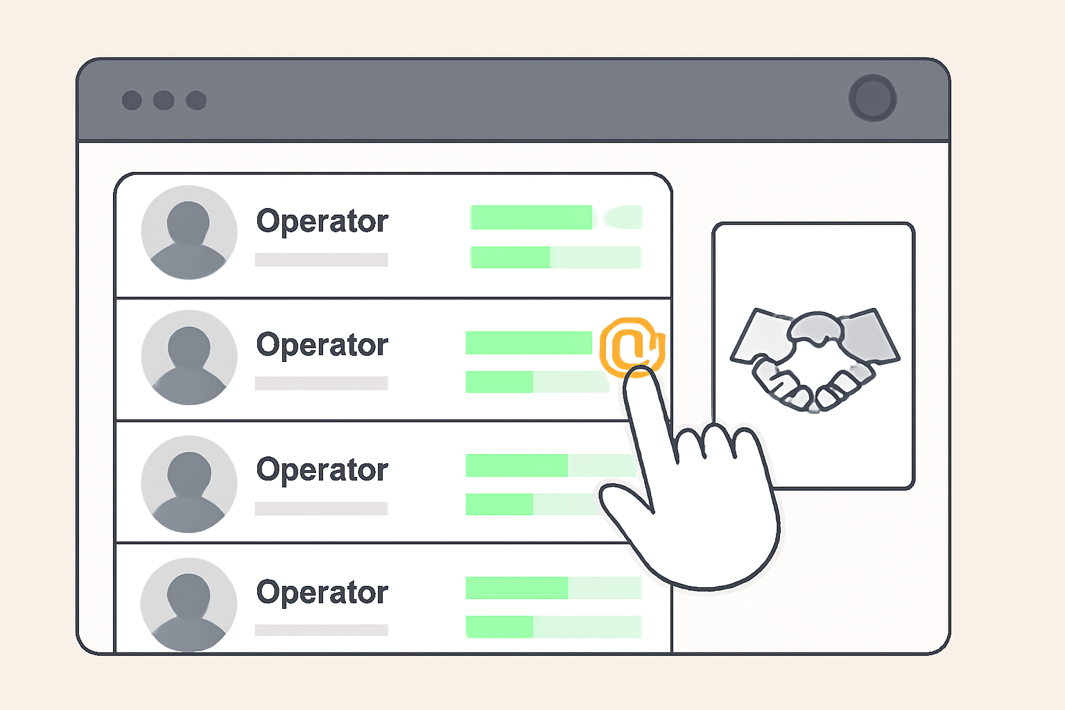 A dashboard displaying a list of operators with performance stats, a user selecting one with a DA badge, and a handshake icon.