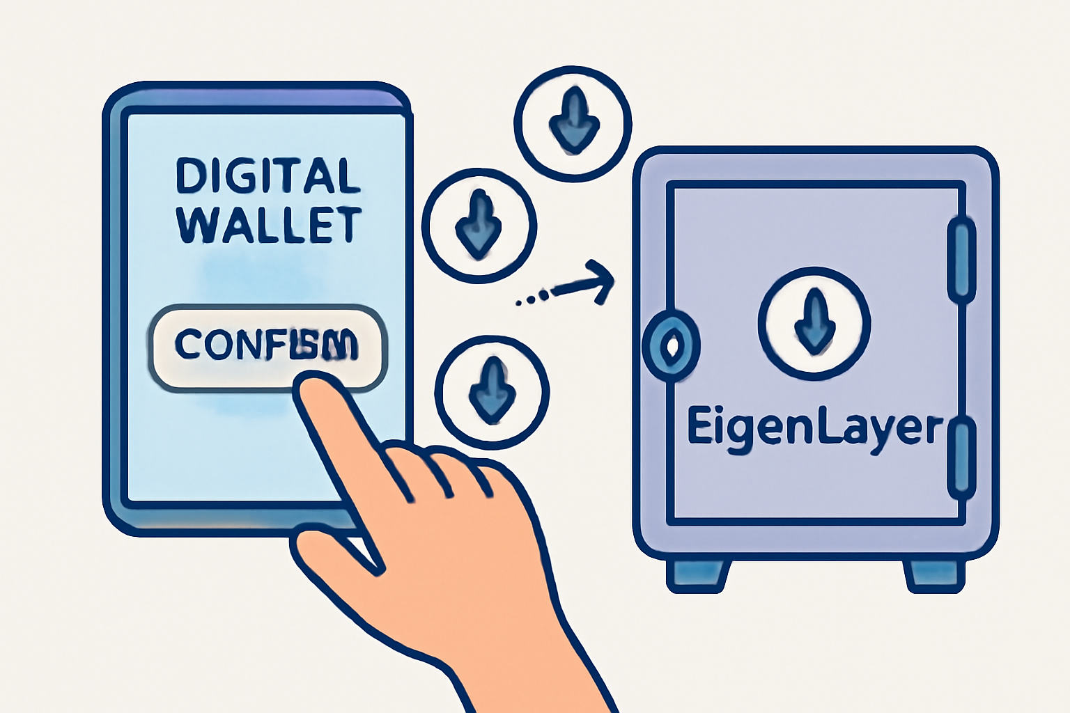 A hand confirming a transaction on a digital wallet, with ETH tokens flowing into a smart contract vault labeled 'EigenLayer'.