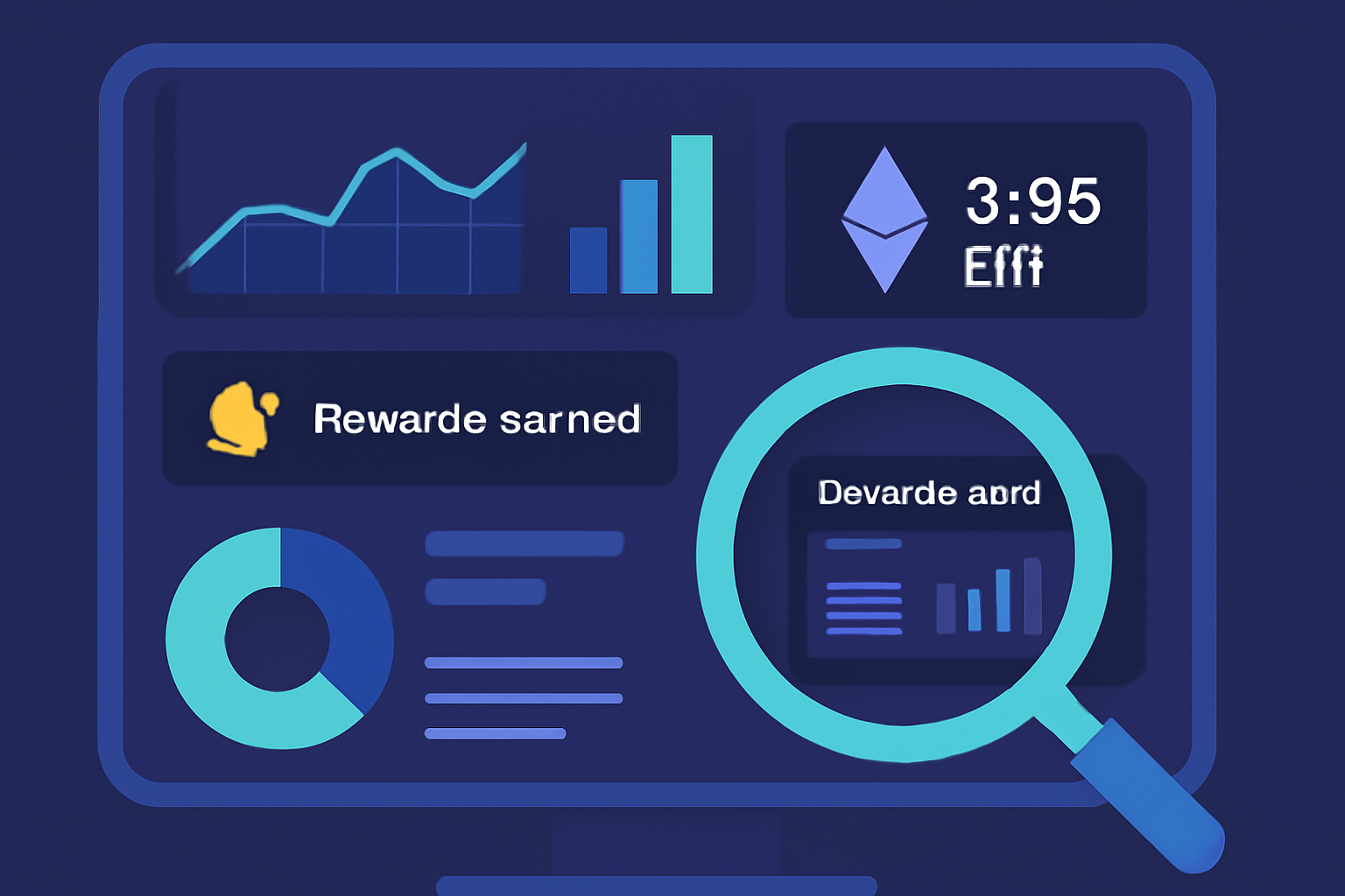 A futuristic dashboard with real-time charts, ETH balances, reward notifications, and a magnifying glass inspecting operator stats.