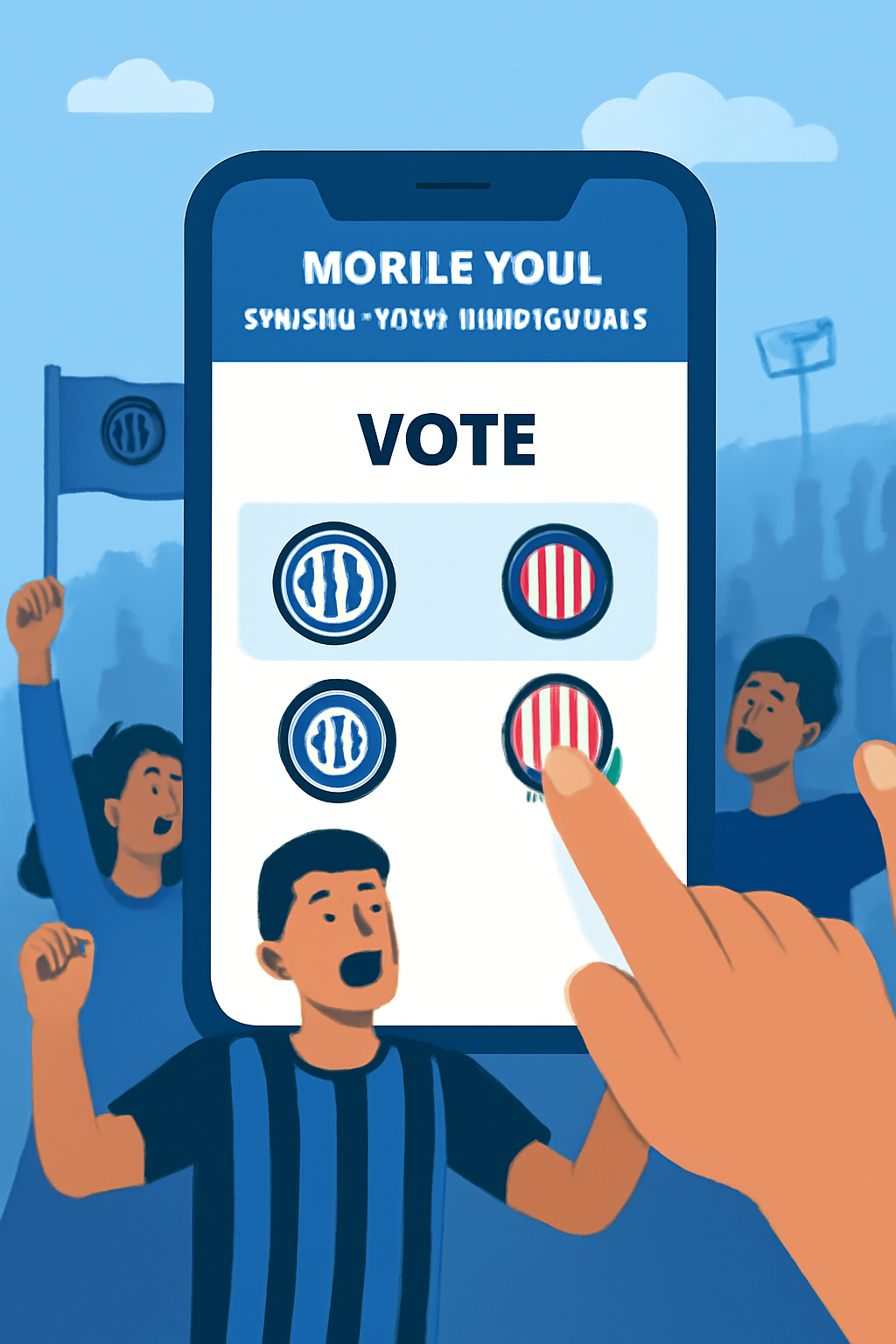 mobile poll voting screen for Inter Milan fan token, soccer fans cheering, ballot options with team logos