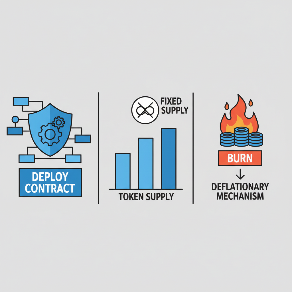 deploying blockchain token contract, fixed supply chart, deflationary burn flames