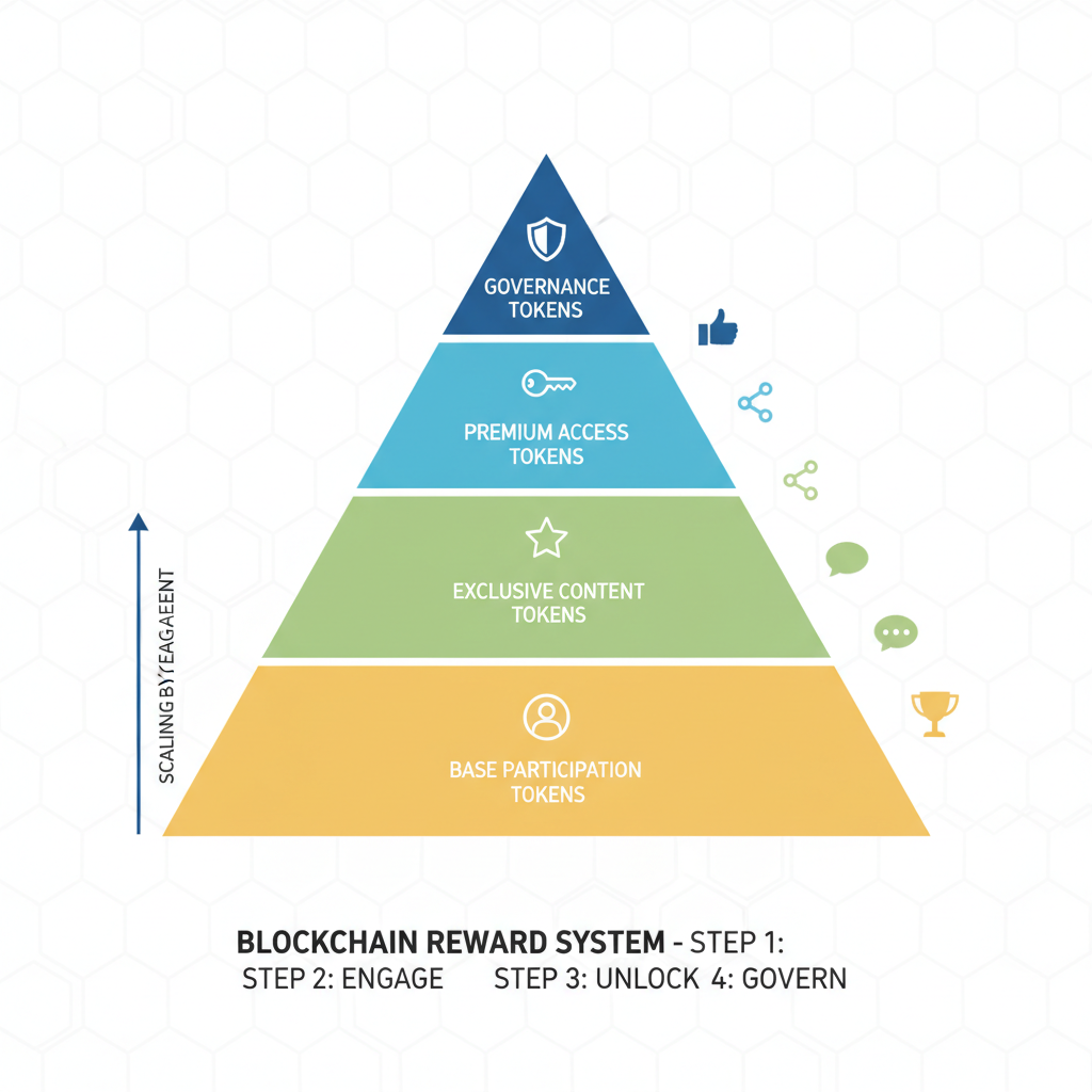 tiered reward pyramid chart, blockchain tokens scaling by engagement metrics