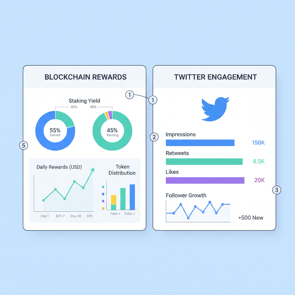 dashboard monitoring blockchain rewards, charts graphs Twitter engagement